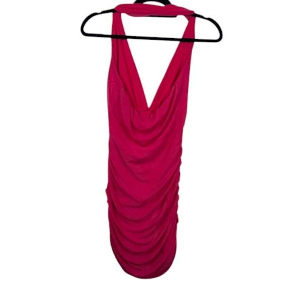 Pretty Little Thing Pink‎ Mesh Extreme Plunge Ruched Bodycon Dress Halter Size 4 - Picture 6 of 12